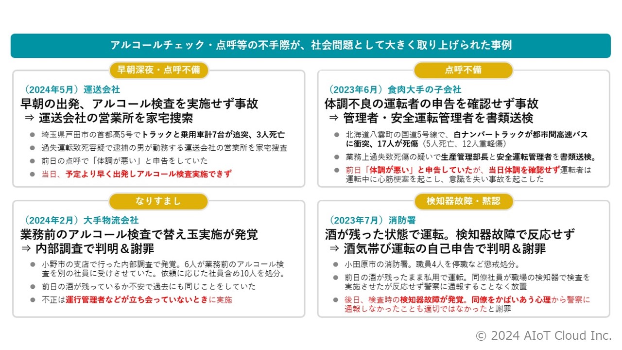 アルコールチェック・点呼等の不手際が、社会問題として大きく取り上げられた事例 